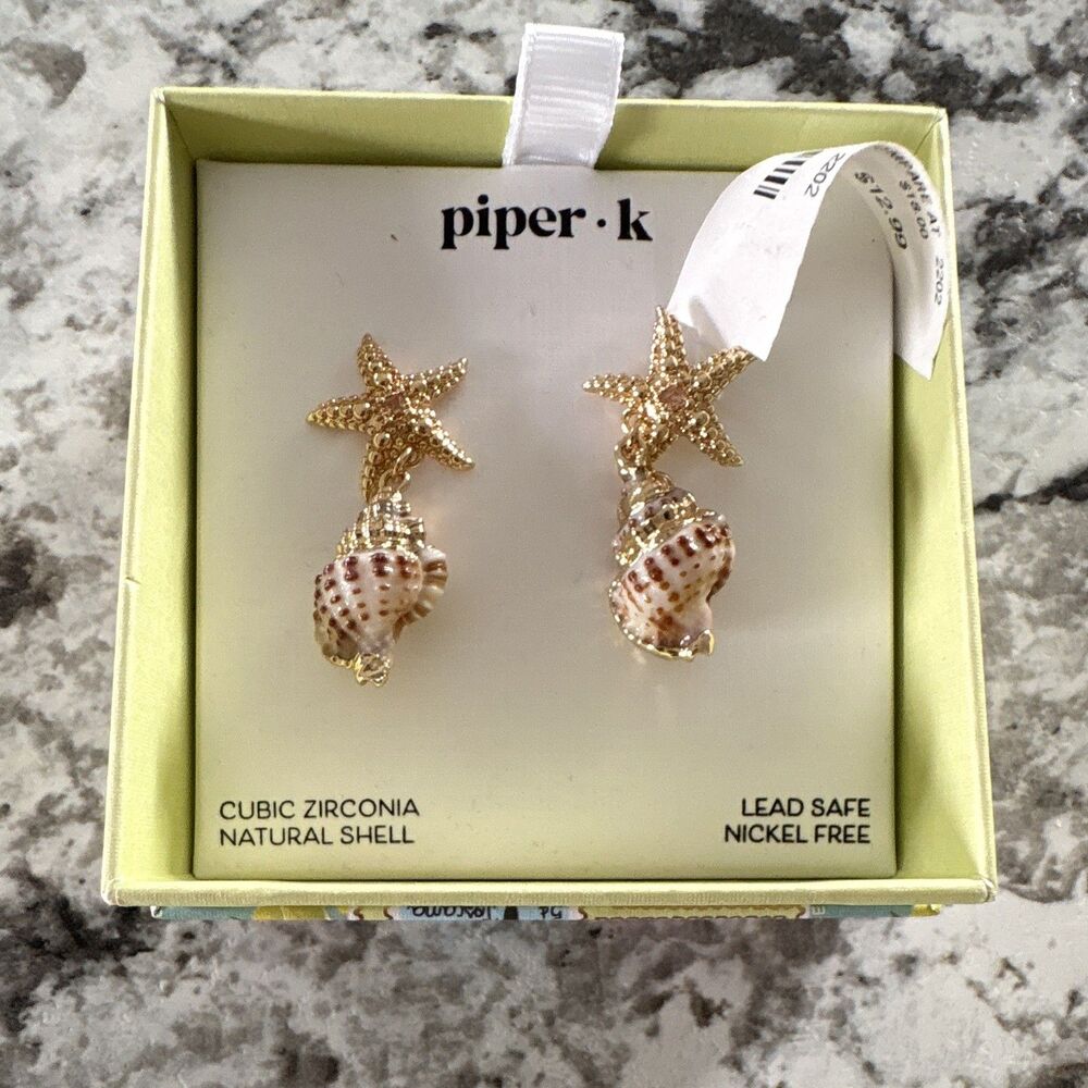 Piper K Star Fish Tropical Shell Gold Tone Earrings Lead Safe Nickel Free NWT